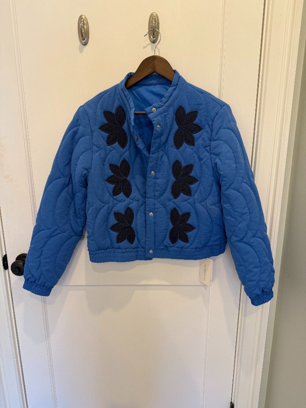 NWT Blue Quilted Jacket with Floral Applique, Size M
